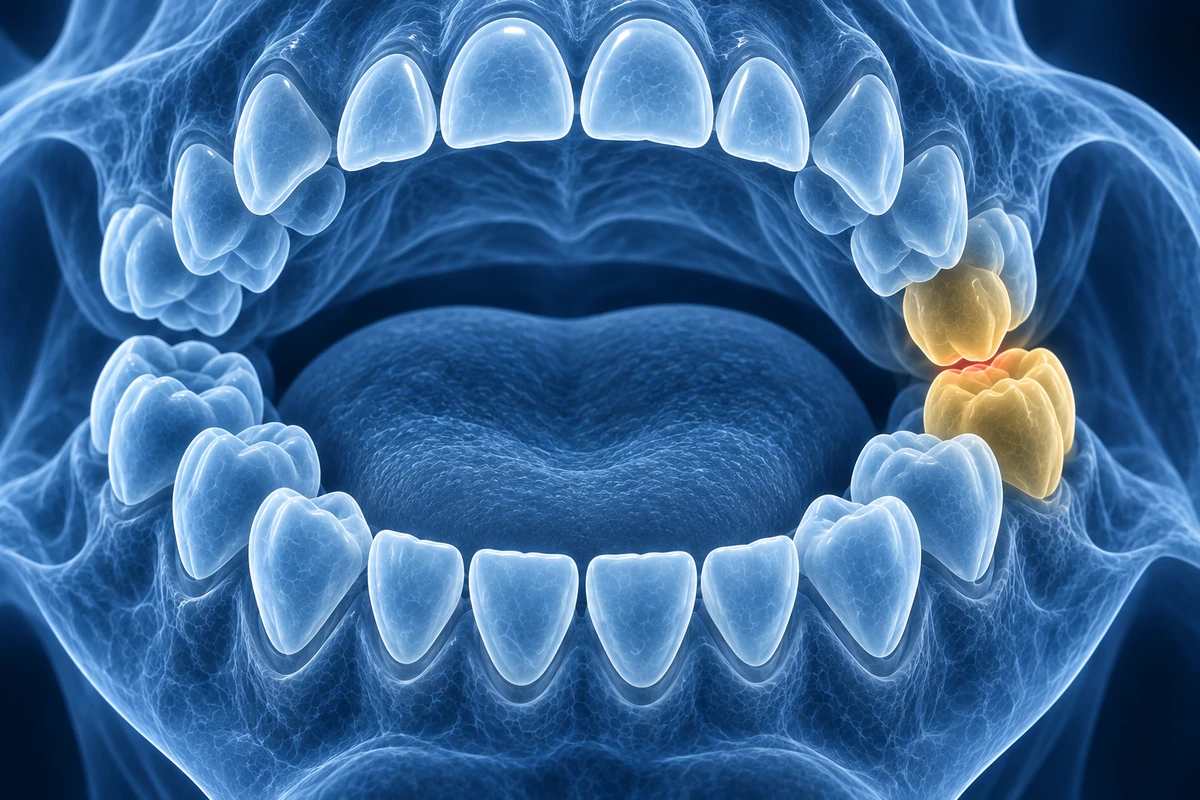 Ilustração das arcadas dentárias superior e inferior de uma criança, com os dentes posteriores desalinhados em destaque