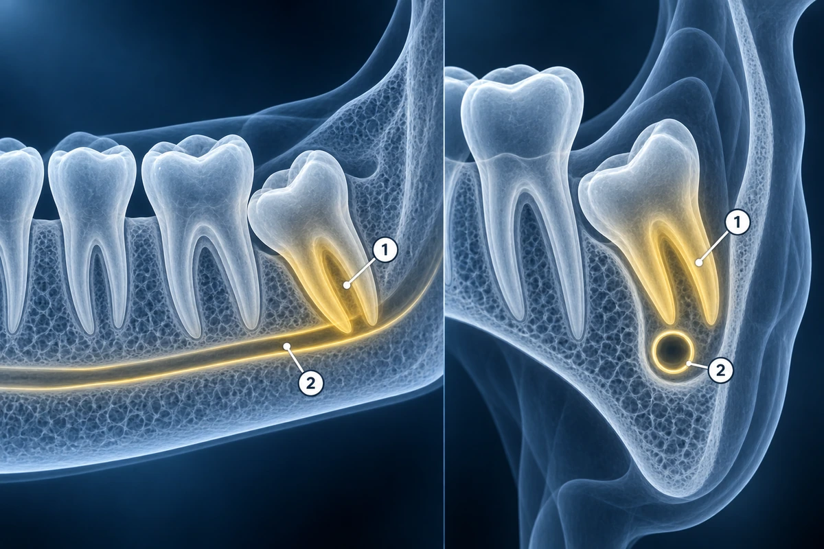 Lado a lado: raiz do dente do siso sobreposta ao canal do nervo em uma visão plana e separada dele em um corte transversal de TCFC