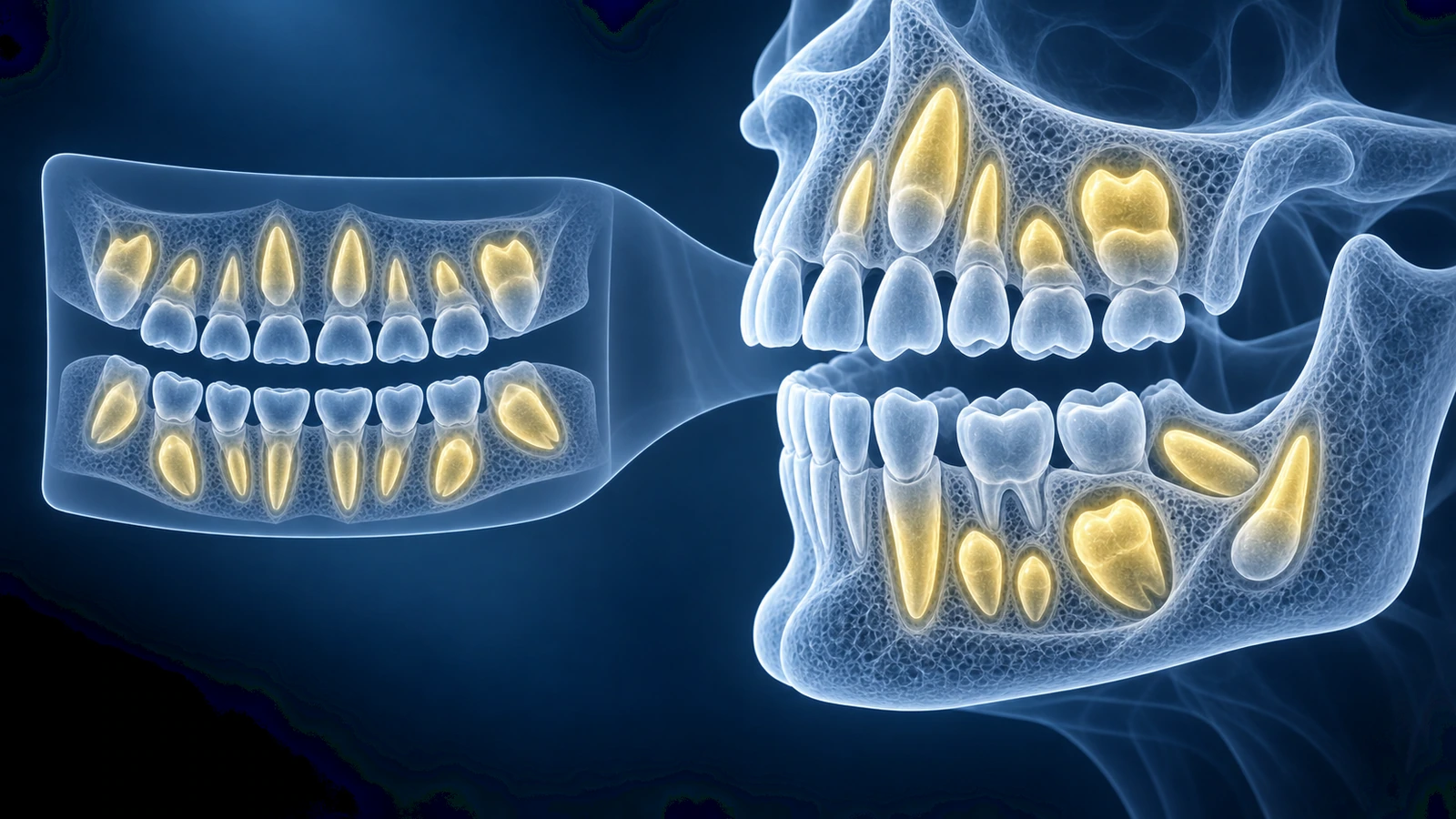 Mandíbula infantil de vidro com dentes permanentes em desenvolvimento brilhando no osso, desenrolando-se em uma radiografia panorâmica plana
