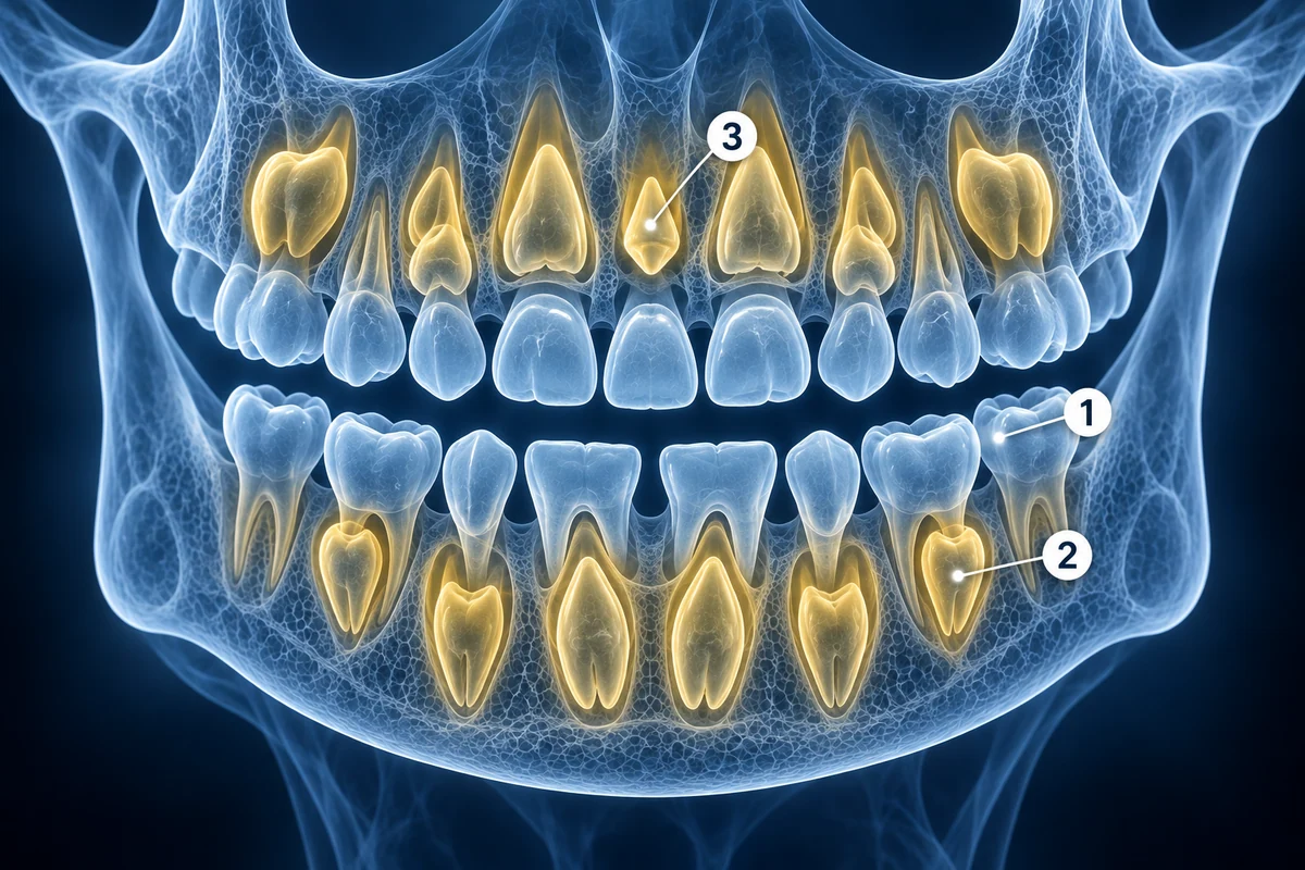Mandíbulas de vidro no estilo de panorâmica infantil mostrando dentes de leite com dentes permanentes se desenvolvendo acima e abaixo deles