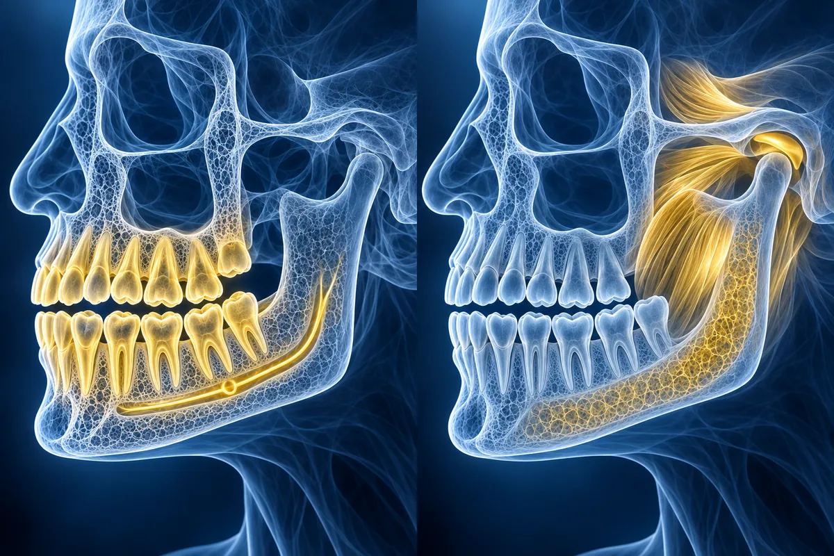 Duas visões translúcidas da mandíbula comparando o osso e a geometria dos dentes na TCFC com as partes moles, o disco da ATM e a medula óssea na ressonância magnética
