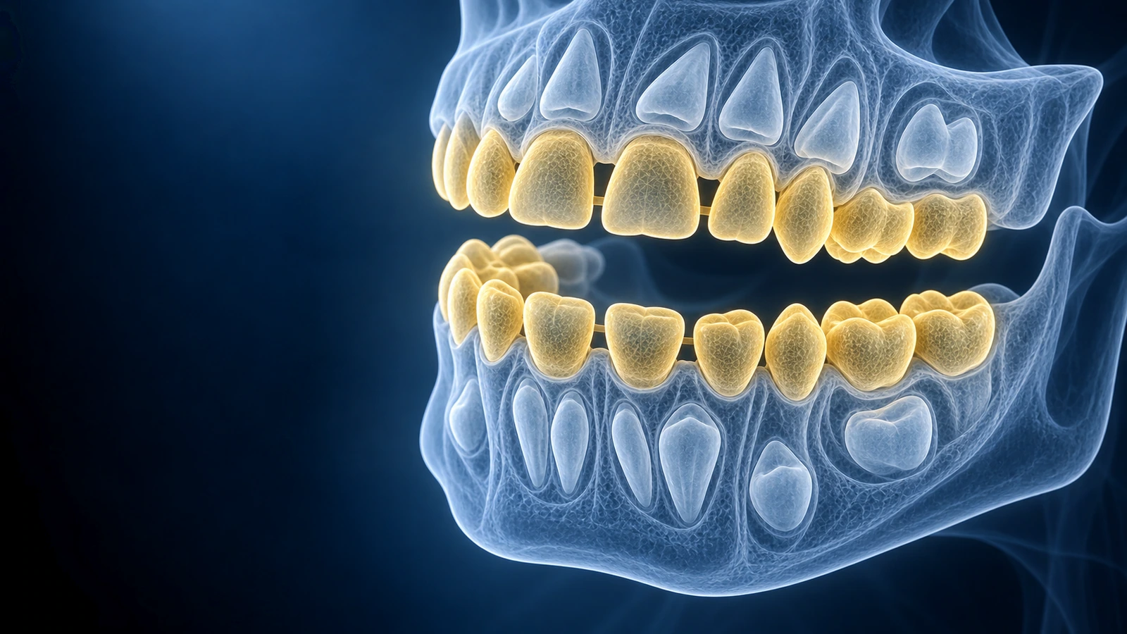 Ilustração em vidro da mandíbula de uma criança mostrando dentes de leite e os dentes adultos em desenvolvimento abaixo deles