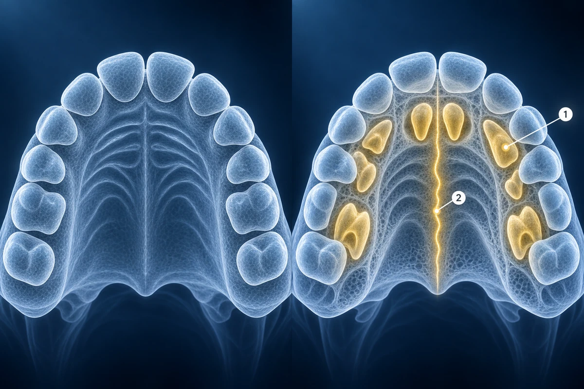 Duas vistas ilustradas da arcada superior de uma criança: superfícies visíveis dos dentes à esquerda e dentes permanentes em desenvolvimento por baixo à direita