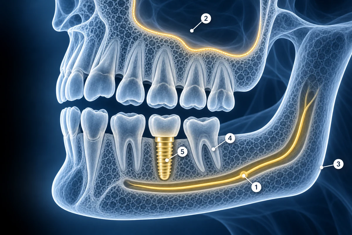 Mandíbula de vidro com o canal mandibular, o assoalho do seio, o osso cortical, uma raiz vizinha e um implante destacados