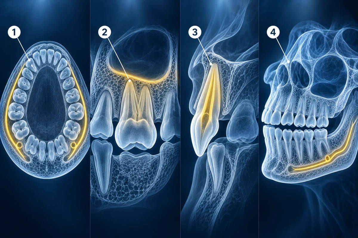 Quatro visualizações de TCFC odontológica: cortes axial, coronal e sagital e uma renderização 3D da mandíbula