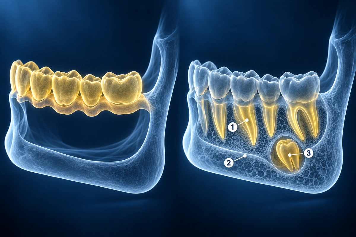 Superfície oca de escaneamento intraoral ao lado de uma mandíbula de vidro que revela as raízes, o osso e um dente em desenvolvimento que ela não consegue mostrar