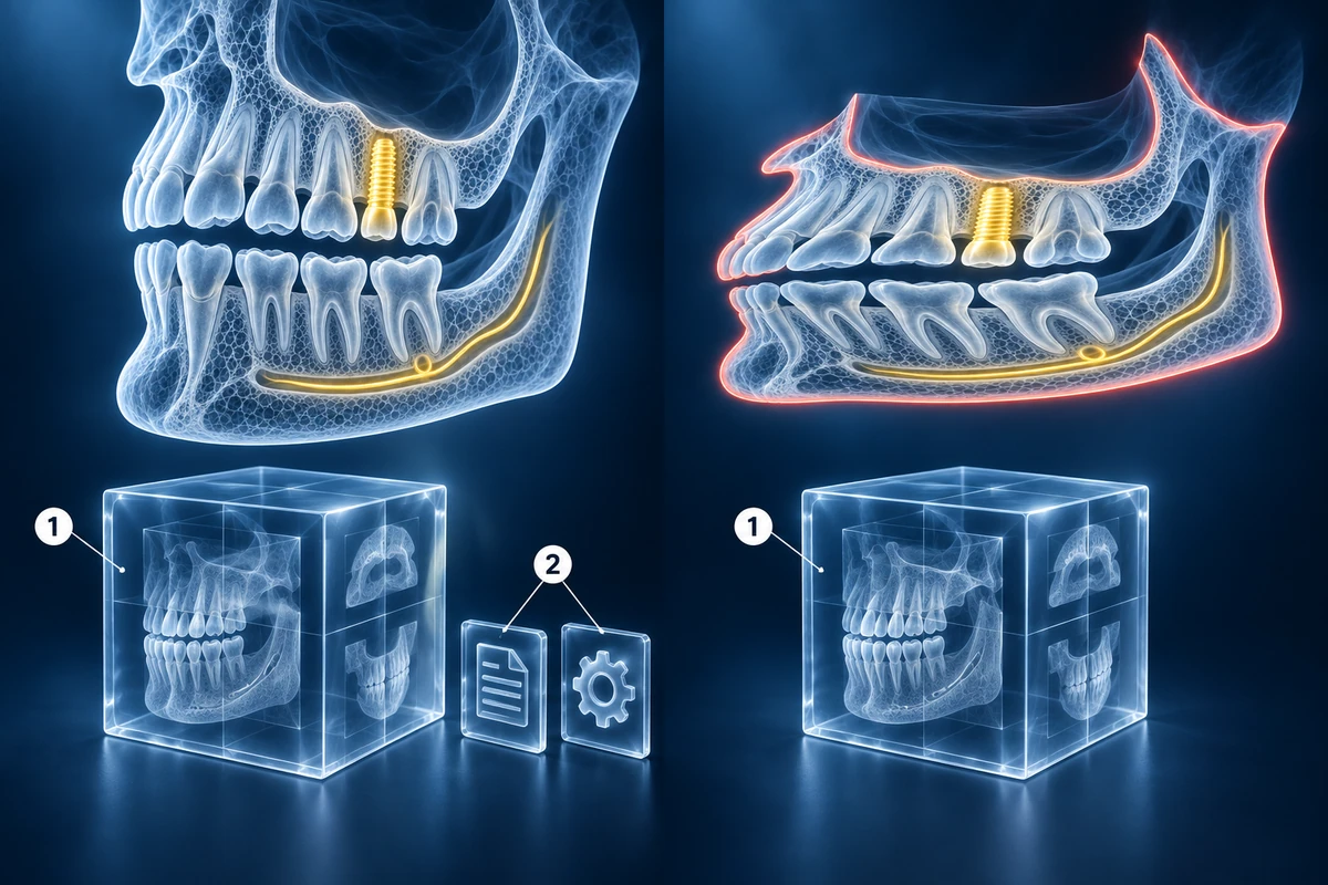 Mandíbula 3D com formato correto a partir de uma pasta OneVolume completa ao lado de uma mandíbula distorcida carregada apenas do arquivo .vol