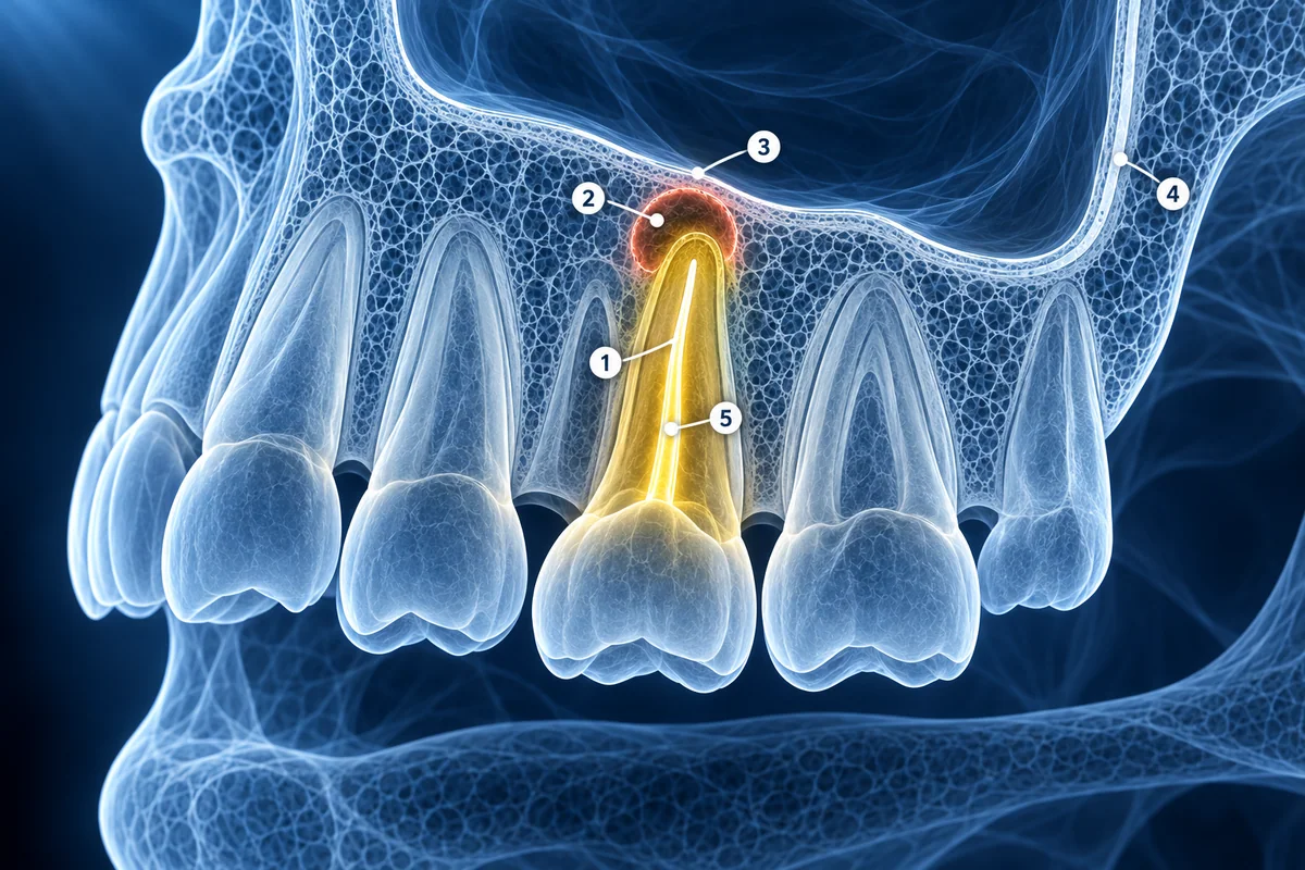 Raiz de molar superior com lesão periapical próxima ao assoalho do seio, com osso cortical e obturação de canal indicados